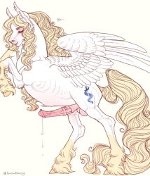 anatomically_correct animal_genitalia animal_penis balls blonde_hair blush closed_eyes cutie_mark ear_tuft equid equine equine_genitalia equine_penis erection feral fetlocks fluffy fur genitals hair hasbro horse long_hair male mammal medial_ring my_little_pony on_hind_legs open_mouth pegasus penis sheath signature simple_background snowberry solo solo_focus tuft vein veiny_penis wavy_hair white_body wings yellow_body yellow_fur