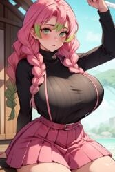 1girls ai_generated big_breasts blush braid breasts busty demon_slayer female female_focus female_only green_eyes green_hair huge_breasts kanroji_mitsuri kimetsu_no_yaiba large_breasts legs massive_breasts miniskirt mole_under_eye multicolored_hair pink_hair skirt solo solo_female the_way_(artist) thick_thighs thighs thin_waist turtleneck two_tone_hair uniform voluptuous voluptuous_female wide_hips