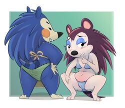 2023 2girls animal_crossing apron bikini black_eyes blue_body blush blush_lines bra breasts cameltoe cream_body female female_only furry furry_only half-closed_eyes hedgehog hedgehog_girl hedgehog_humanoid honeymono labelle_able mabel_able medium_breasts navel nintendo panties paws simple_background tail teeth