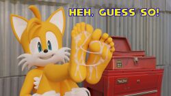 3d 5_toes anthro barefoot bodily_fluids canid canine cum cum_on_feet dialogue digital_media english_text feet foot_fetish foot_focus fox fuckboy genital_fluids hi_res humanoid_feet male male_only mammal plantigrade sega soles solo sonic_(series) sonic_the_hedgehog_(series) tails talking_to_viewer text toes toolbox twintails3d two_tone_body