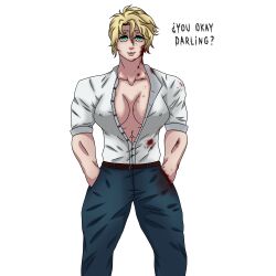 1girls 2d 2d_(artwork) 2d_artwork big_breasts blonde_hair blood_stain blue_eyes cleavage dressed female jeans lewd_kingdom looking_at_viewer muscular_female shirt short_hair