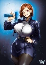 1girls big_breast big_breasts bob_cut breasts breasts_bigger_than_head brown_hair bursting_breasts busty curvy curvy_female curvy_hips curvy_thighs female female_only human jujutsu_kaisen kugisaki_nobara large_breasts perky_breasts solo thegoldensmurf thick_ass thick_legs thick_thighs thighhighs thighs voluptuous