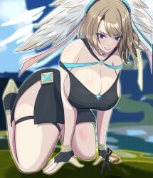 black_dress blue_eyes brown_hair eunie_(xenoblade) giantess tagme taion_(xenoblade) wings_on_head xendrawsseggs xendrawsthings xenoblade_(series) xenoblade_chronicles_3