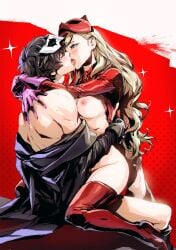 1boy 1girls ann_takamaki aroused big_breasts black_hair black_jacket blonde_hair bodysuit boots breasts breasts_out cat_mask clothed_sex clothing cowgirl_position excited female female_on_top fit_female french_kiss gloves hair_down high_heel_boots high_heels highres hug human jacket kissing kissing_while_penetrated light-skinned_female looking_pleasured mask mask_on_head nipples off_shoulder open_mouth pale_skin persona persona_5 persona_5_royal phantom_thief_suit pink_nipples purple_gloves red_gloves red_thighhighs ren_amamiya sex spykeee straddling straight teenage_girl teenager thigh_boots thighhighs tongue_out upright_straddle vaginal_penetration