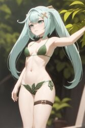 1girls ai_generated aqua_eyes aqua_hair breasts faruzan_(genshin_impact) female female_only genshin_impact hoyoverse kirill782 leaf leaf_bikini long_hair navel small_breasts solo stable_diffusion standing twintails x_hair_ornament