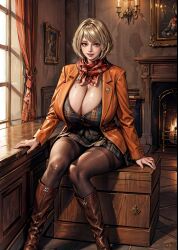 1girls ai_generated alternate_breast_size ashley_graham ashley_graham_(ella_freya) blonde_hair brown_eyes candle cleavage female female_only fireplace huge_breasts indoors leggings lipstick looking_at_viewer mansion miniskirt orange_jacket painting plaid plaid_shirt plaid_skirt resident_evil resident_evil_4 resident_evil_4_remake scarf short_hair sitting skirt smile stable_diffusion tampopo thigh_boots