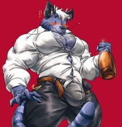 absurd_res anthro blush blush_lines bulge clothed clothing felid feline growth hi_res male male_only mammal mu_serval muscle_growth muscular muscular_male open_clothing open_shirt open_topwear pecs serval shirt solo suit surprise teseirei topwear torn_clothing until_it_snaps