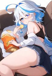 1girls ai_assisted ass ass_focus blue_eyes booty_shorts bra breasts bubble_butt eating female female_only food furina_(genshin_impact) genshin_impact hoyoverse jacket looking_at_viewer panties potato_chips rear_view small_breasts snacks thick_thighs thighs