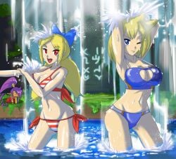 2girls bikini female female_only large_breasts multiple_girls rainbow shantae shantae_(character) tagme twitch_(shantae) vinegar_(shantae) vomit waterfall