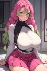 1girls ai_generated big_breasts blush braid breasts busty demon_slayer female female_focus female_only green_eyes green_hair huge_breasts kanroji_mitsuri kimetsu_no_yaiba large_breasts legs massive_breasts miniskirt mole_under_eye multicolored_hair pink_hair skirt solo solo_female the_way_(artist) thick_thighs thighs thin_waist turtleneck two_tone_hair uniform voluptuous voluptuous_female wide_hips