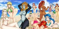 13girls 6+girls aggelioss alternate_breast_size beach bikini blonde_hair blue_eyes blue_hair breasts breath_of_the_wild cia_(the_legend_of_zelda) cremia dark_skin din double_bun farore feet female female_only gerudo green_eyes green_hair hair_bun hylian hyrule_warriors impa impa_(hyrule_warriors) innertube kokiri lana_(the_legend_of_zelda) large_breasts link's_awakening linkle long_hair looking_at_viewer malon marin midna multiple_girls nayru nintendo ocarina_of_time ocean oracle_of_ages orange_eyes orange_hair pigtails ponytail princess_zelda red_hair riju sand_castle saria sheikah short_hair sling_bikini smile swimsuit the_legend_of_zelda twili twili_midna twilight_princess water white_hair yellow_sclera zelda_(twilight_princess)