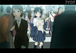 black_eyes black_hair blazer erect_nipples necktie open_clothes open_shirt open_skirt panties_around_leg panties_around_one_leg public saki school_uniform schoolgirl shirt touyoko_momoko