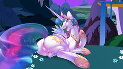 0r0 0r0ch1 alicorn anus ass blush ass crown equine female feral flower friendship_is_magic grass hasbro horse hybrid lagomorph looking_at_viewer my_little_pony pony princess_celestia_(mlp) pussy waterfall wings