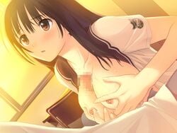 1boy 1girls black_hair breasts censored fault!! female game_cg male nipples paizuri penis saeki_ai seifuku straight taka_tony wet