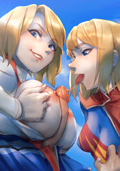 2girls areolae berg black_hair blonde_hair breasts cousins dc dc_comics erection happy happy_paizuri happy_sex incest kryptonian looking_at_viewer nipples paizuri penis power_girl straight supergirl superman superman_(series) white_female white_male