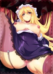 1girls blonde_hair blush breasts brown_legwear choker eyes female gap garter_straps hat huge_breasts large_breasts leg_up legs long_hair nipples no_panties off_shoulder pink_legwear purple_eyes solo spread_legs thighhighs thighs touhou tsukishiro_kou yukari_yakumo