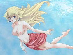 barefoot blonde_hair blue_eyes breasts female female_only freediving highres holding_breath human long_hair mario_(series) nintendo nude_filter photoshop princess_peach sarong solo swimming swimsuit tamamon topless underwater