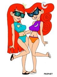 2girls alternate_version_available breasts cartoon_network female female_only glasses hair_ornament human johnny_test_(series) light-skinned_female light_skin long_hair mary_test multiple_females multiple_girls prophet red_hair sisters straight_hair sunglasses susan_test swimsuit test_twins twins