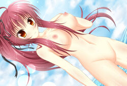 akane_miu blush breasts clouds dutch_angle erect_nipples hair_ribbon long_hair nipples nude orange_eyes original pussy red_hair sky uncensored water wet