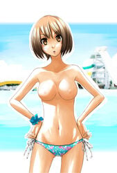 bikini bikini_bottom breasts brown_eyes brown_hair hands_on_hips navel nude_filter original photoshop pointy_chin sakebuotoko scrunchie short_hair side-tie_bikini swimsuit topless water