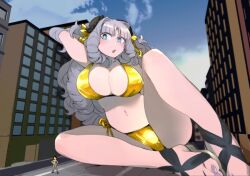 2girls giant_ojou-sama giantess gold gold_bikini highres macro madoka_ito mini_giantess multiple_girls nikukaiq oriko_fujido sandals sitting