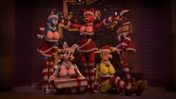 3d 3d_(artwork) animatronic anthro avian beak bear bell big_breasts bird blue_body blue_skin breasts canid canine chicken christmas christmas_clothing female five_nights_at_freddy's five_nights_at_freddy's_2 fox foxy_(fnaf) gallus_(genus) gift gloves gold97fox group hat holidays lagomorph leporid lipstick makeup mammal mangle_(fnaf) open_mouth pink_body pink_cheeks pink_skin rabbit red_body red_cheeks red_lipstick red_skin robot rule_63 santa_hat sharp_teeth teeth toy_bonnie_(fnaf) toy_chica_(fnaf) toy_freddy_(fnaf) white_body white_skin yellow_body yellow_skin