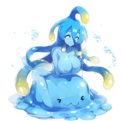 1girls ai_generated aigbrea large_breasts monster_girl monster_musume_no_iru_nichijou nipples simple_background slime slime_girl slime_monster smile suu_(monster_musume) tentacle water white_eyes