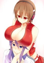 1boy 1girls blue_eyes boob_hat breasts_on_head brown_hair cleavage facominn gakupo_kamui headgear headphones huge_breasts imminent_sex large_breasts long_hair long_hair_male looking_at_another meiko_(vocaloid) purple_hair red_eyes short_hair short_hair_female straight teasing vocaloid