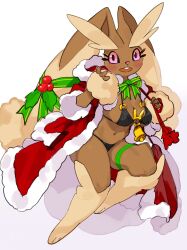 1girls anthro bikini blush breasts brown_body christmas christmas_clothing clothed clothing female female_only fur generation_4_pokemon hi_res holidays kame_3 kemono lagomorph looking_at_viewer lopunny mammal navel nintendo pink_eyes pokemon pokemon_(species) simple_background smile solo swimsuit swimwear white_background
