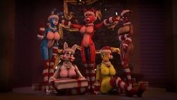 3d 3d_(artwork) animatronic anthro avian beak bear bell big_breasts bird blue_body blue_skin breasts canid canine chicken christmas female five_nights_at_freddy's five_nights_at_freddy's_2 fox foxy_(fnaf) gallus_(genus) gift gloves gold97fox group hat holidays lagomorph leporid lipstick makeup mammal mangle_(fnaf) open_mouth pink_body pink_cheeks pink_skin rabbit red_body red_cheeks red_lipstick red_skin robot rule_63 santa_hat sharp_teeth teeth toy_bonnie_(fnaf) toy_chica_(fnaf) toy_freddy_(fnaf) white_body white_skin yellow_body yellow_skin