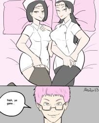 1boy 2girls alexico_roadagain black_hair breasts closed_mouth female genderswap_(mtf) glasses itadori_jin itadori_kaori jujutsu_kaisen kenjaku lipstick long_hair looking_at_viewer lying male nah_id_win nurse nurse_cap nurse_outfit nurse_uniform on_back pillow pink_hair rule_63 seductive_look seductive_smile short_hair smile spanish_text suguru_geto take_your_pick thighhighs translated