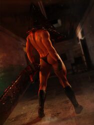 1boy 1monster 3d 3d_model 505_games black_thong dead_by_daylight great_knife_(silent_hill) horror_(theme) humanoid konami male male_only masked masked_male mo0nx monster muscles muscular muscular_male pyramid_head silent_hill silent_hill_2 solo thong viewed_from_behind weapon