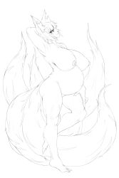 barefoot cleavage exposed_breasts feet fox_ears fox_girl fox_tail huge_breasts long_nails looking_at_viewer multiple_tails muscular_female original original_character pregnant pregnant_belly pregnant_female puffy_nipples ready_to_pop sketch solo_female thick_thighs urw