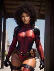 1girls afro_hair ai_generated celebrity dark_skin dark_skinned_female deadpool_(cosplay) deadpool_(film) deadpool_2 domino_(marvel) domino_(zazie_beetz) female female_focus female_only marvel natural_breasts solo solo_female solo_focus synth_canvas tagme thick_thighs thighs zazie_beetz