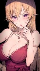 1girls 2023 :p alternate_costume armlet black_background blonde_hair bracelet breasts cleavage dress earrings female gold_earrings gold_necklace hand_on_own_hip hand_up haoni highres jewelry large_breasts nakiri_erina necklace purple_eyes red_dress shokugeki_no_souma simple_background solo tongue tongue_out upper_body v-shaped_eyebrows