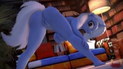 3d 3d_(artwork) absurd_res anthro ass bent_over biped blep book breasts digital_media_(artwork) equid equine eyelashes female friendship_is_magic genitals hasbro hi_res horn lamp looking_at_viewer looking_back looking_back_at_viewer loveslove mammal my_little_pony pillow pupils pussy solo tongue tongue_out trixie_(mlp) unicorn