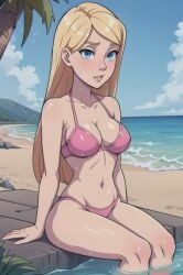 1girls 4_fingers ai_generated artist_request ass beach beach_background bikini blonde_hair breasts cornelia_hale deviantart_link disney female female_solo human palm_tree pink_bikini pink_bikini_bottom pink_bikini_top png sitting solo solo_female sweat sweating tree two_piece_swimsuit w.i.t.c.h. water