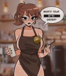 1girls apron apron_only bare_shoulders barista big_breasts blush blushing breasts brown_hair brunette_hair busty cafe casual cursing english_text eyewear female female_only glasses hips human iced_latte_with_breast_milk julie_powers large_breasts light-skinned_female light_skin megrocks outerwear pale_skin public round_glasses scott_pilgrim swearing text thighs tied_hair workplace