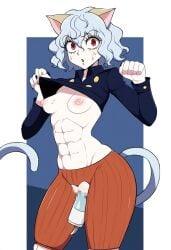 1girls abs animal_ears artist_request breasts cat_ears cat_girl cat_tail censored chimera_ant dildo dildo_in_pussy embarrassed female humanoid hunter_x_hunter lifting_shirt muscular muscular_female neferpitou nipples pale-skinned_female pale_skin pussy red_eyes short_hair shounen_jump small_breasts solo sweat sweatdrop villainess white_hair wide_hips