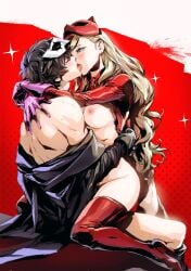 1boy 1girls ann_takamaki aroused big_breasts black_hair black_jacket blonde_hair bodysuit boots breasts_out cat_mask clothed_sex clothing cowgirl_position female female_on_top fit_female french_kiss gloves hair_down high_heel_boots high_heels highres hug human jacket kissing kissing_while_penetrated light-skinned_female looking_pleasured mask mask_on_head nipples off_shoulder pale_skin persona persona_5 phantom_thief_suit pink_nipples purple_gloves red_gloves red_thighhighs ren_amamiya riding_penis sex slim_waist spykeee straddling straight teenage_girl teenager thigh_boots thighhighs upright_straddle vaginal_penetration