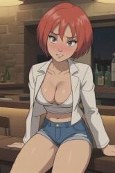 1girls ai_generated alcohol bar beer_bottle big_breasts breasts cleavage denim_shorts deviantart_url disney drinks female_solo human jean_shorts light-skinned_female minishorts pants_short pub red_hair short_hair shorts solo solo_female thick_thighs w.i.t.c.h. will_vandom