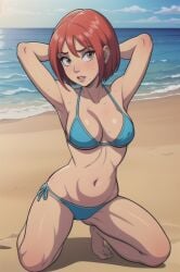 1girls ai_generated arms_behind_head arms_up beach beach_background bikini blue_bikini bob_cut breasts deviantart_link disney female female_solo human light-skinned_female muscular muscular_thighs on_knees png pose red_hair sand short_hair sweat sweating w.i.t.c.h. will_vandom