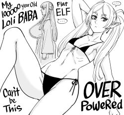 ... 2girls absurd_res bb_(baalbuddy) bikini black_and_white elf elf_ears elf_female english_text female female_only fern_(sousou_no_frieren) flat_chest frieren huge_breasts long_hair monochrome sousou_no_frieren text white_background