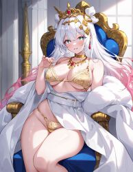 accessories accessory body_jewelry breasts cape cute gold_(metal) gold_jewelry nipples nsfw original original_character pink_hair pose posing posing_for_the_viewer smile smiling tease teasing teasing_viewer white_hair