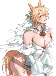 1boy 99die_ animal_ear_fluff animal_ears arknights artist_name ass bell blonde_hair bride cowbell crossdressing embarassed flower flower_in_hair gloves groom horse_boy horse_ears horse_tail kemonomimi light-skinned_male light_skin looking_at_viewer male_only malesub mlynar_(arknights) simple_background solo standing tail thick_thighs thighhighs thighs uncle underwear