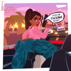 1girls 2d 2d_(artwork) 3d 3d_(artwork) angry angry_face ass ass_focus back background beach bent_knees bent_legs big_ass blue_clothing border brown_eyes brown_hair city clothed female female_focus female_only fully_clothed grand_theft_auto grand_theft_auto_vi hi_res highres hips insign34 is34 long_sleeves looking_at_viewer looking_back lucia_(gta) medium_breasts medium_hair open_mouth pale-skinned_female pale_skin palm_tree pants pink_clothing pistol police police_car ponytail pov riding sfw shirt sneakers solo sunset thighs toony translucent translucent_clothing twitter_username viewed_from_behind yelling