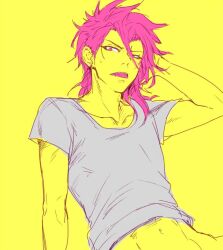 1boy abs athletic_male belly belly_button blush bottomless cropped danganronpa danganronpa_2:_goodbye_despair kazuichi_souda male male_focus male_only nervous piercing pink_hair sharp_teeth sharp_teeth_male shirt sketch skinny solo source_request unknown_artist unknown_source yellow_background