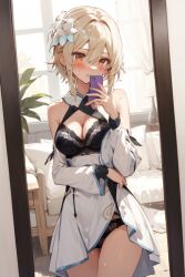 bra female genshin_impact lumine_(genshin_impact) mirror mirror_reflection mirror_selfie panties photo source_request