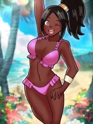 1girls ;d alternate_costume beach bikini black_hair breasts cleavage dark-skinned_female dark_skin eyeliner eyeshadow female female female_only fire_emblem fire_emblem_engage frilled_bikini frills high_ponytail highres looking_at_viewer makeup medium_breasts mnejing nintendo ocean one_eye_closed outdoors palm_tree pink_bikini pink_eyeliner pink_eyeshadow pink_swimsuit ponytail sidelocks smile star-shaped_pupils star_(symbol) summer swimsuit symbol-shaped_pupils timerra_(fire_emblem) tree waving_arms