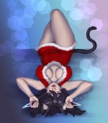 big_breasts big_thighs black_fur black_hair cat_ears cat_tail catgirl christmas christmas_clothing christmas_outfit cleavage cleavage_cutout dick_sucking_lips huge_breasts knives large_breasts looking_at_viewer lying lying_on_back neko nipples_visible_through_clothing nselever pinup pinup_pose plump_lips purple_eyes red_clothing thatspookynekogirl thick_thighs thighs twitch twitch.tv twitch_streamer virgin_killer_sweater virtual_youtuber vtuber